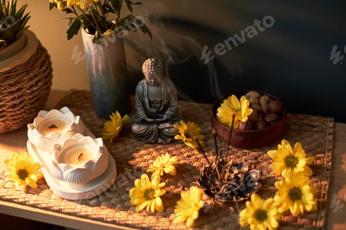 Preview: Buddha Statue Surrounded by Burning Incense and Yellow Flowers on Table
