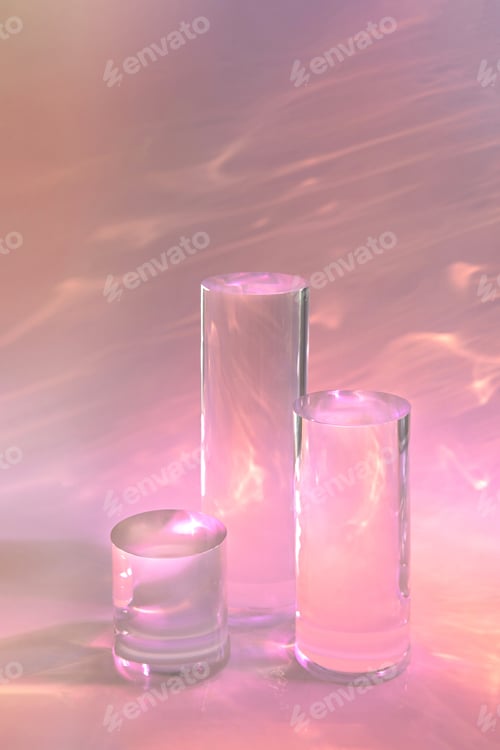 Preview: three clear glass cylinder podiums on pastel holographic colored background