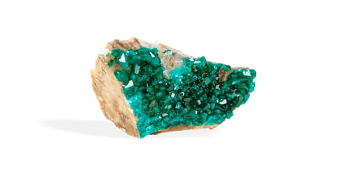 Preview: Stunning green mineral stone specimen emerald-green dioptase crystal formations, isolated