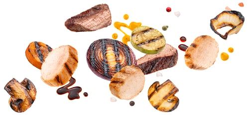 Preview: Grilled beef slices and vegetables isolated on white background