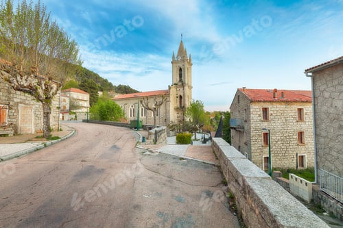 Preview: Majestic evening cityscape with Parish Church of the Assumption in Zonza village