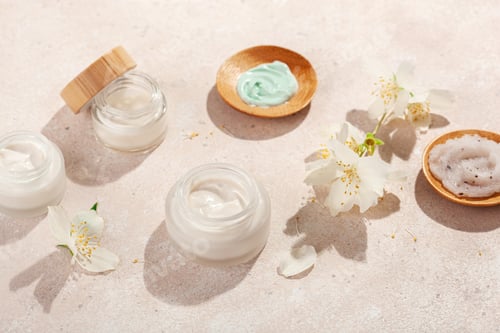 Preview: skincare products and jasmine flowers. natural cosmetics for home spa treatment
