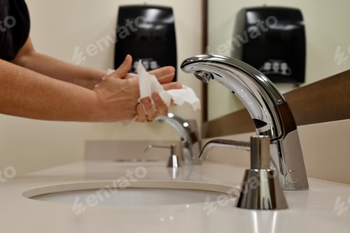 Preview: Drying hands on a paper towel after washing them in public restroom, bathroom. Stop spread of germs