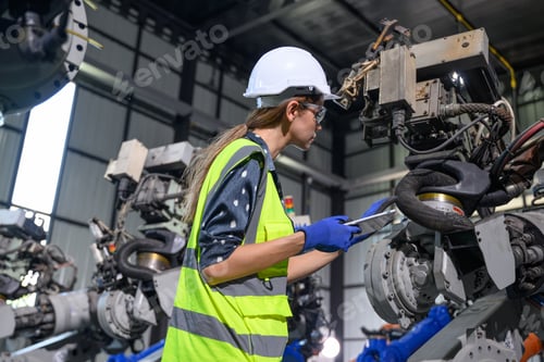 Preview: Female business owner engineer managing and checking work at factory