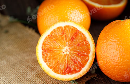 Preview: Sliced Sicilian Blood oranges fruits over old dark wooden background.