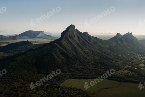 Preview: Aerial view of mountains and fields in Mauritius island