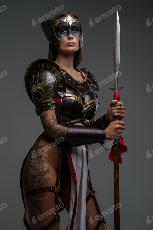 Preview: Ancient woman warrior with spear against grey background