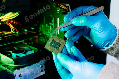 Preview: Closeup of technician holding CPU chip inside computer case, symbolizing hardware repair,