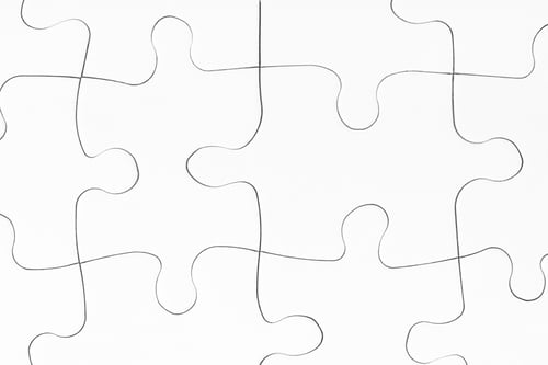 Preview: Completed puzzle jigsaw game background. Blank puzzle pieces mockup. Successful decision, solution
