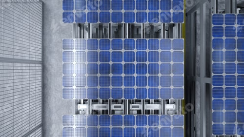 Preview: Top view of solar panel assembly line operated by high tech robot arms