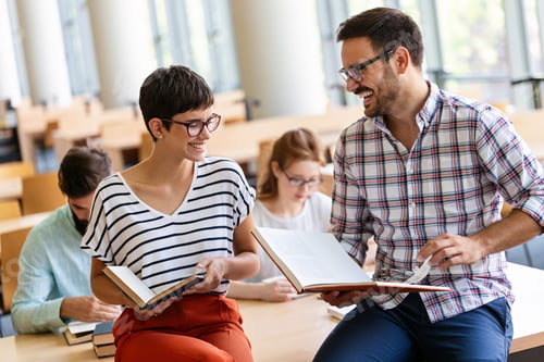 Preview: Education friendship people concept. Group of happy students learning together in college library