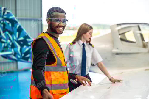 Preview: Aircraft maintenance engineer and pilot inspecting airplane wing in hangar