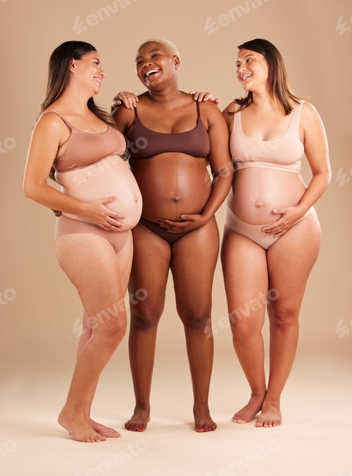 Preview: Pregnancy, underwear and studio women with smile, happy and excited for baby, stomach growth or mot
