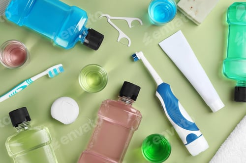Preview: Flat lay composition with oral care products on color background. Teeth hygiene