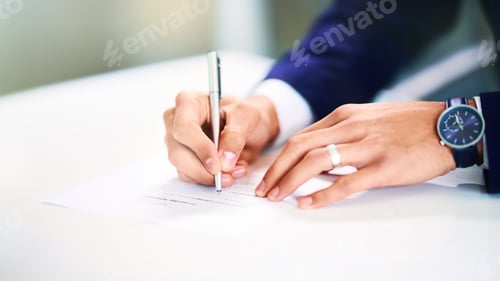 Preview: Business, hands and writing on paperwork in office for legal contract, compliance report and applic