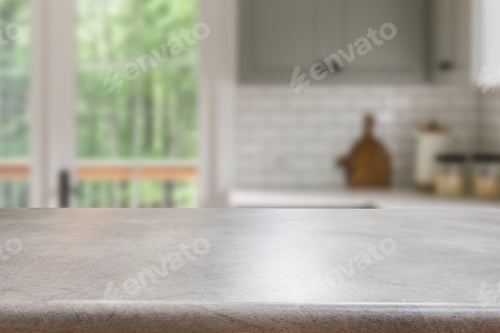 Preview: Empty wooden kitchen counter mockup, product display background. Wood table top on marble.