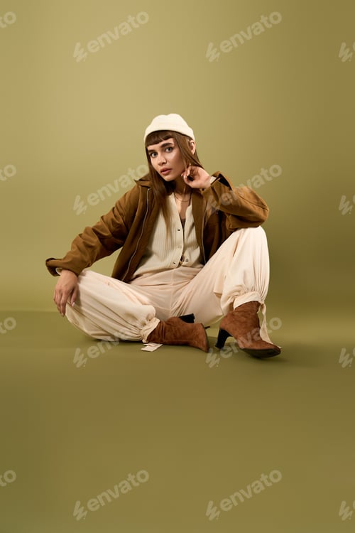 Preview: Young stylish woman poses gracefully in fashionable attire on soft green background