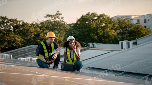 Preview: Service engineer checking solar cell on the roof for maintenance if there is a damaged part.
