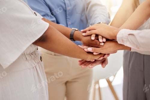 Preview: Teamwork, collaboration and motivation business people hands in office together with lens flare. Gr