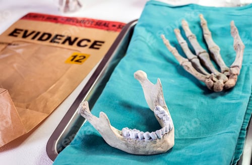Preview: Human lower jaw and right hand in forensic laboratory murder investigation, concept image