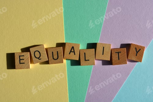 Preview: Equality, Word in 3D wooden alphabet letters isolated on background