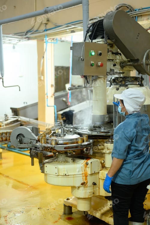 Preview: Factory employee wearing protective clothes managing canning process in factory
