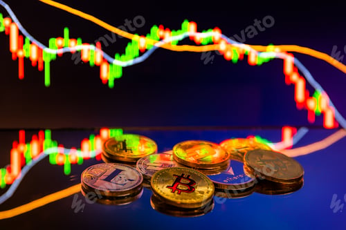 Preview: Bitcoin coins with global trading exchange market price chart in the background