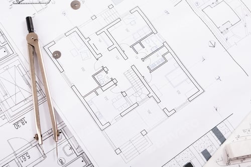 Preview: Architectural project, engineering tools on table.
