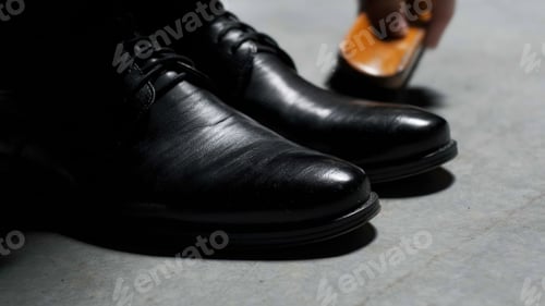 Preview: Waxing leather black classic shoes. Stock footage. Close up of cleaning and polishing boots.