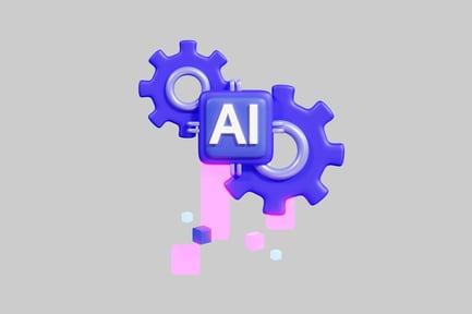 Visualização: Engrenagens interligadas com o símbolo “ai” e cubos dispersos