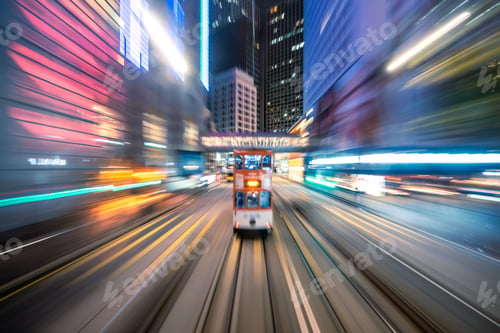 Preview: Motion blur of trams moving in the central district, Hong Kong, China