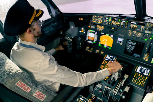 Preview: Airplane pilot controls throttle during flight or takeoff Cockpit view air traffic control