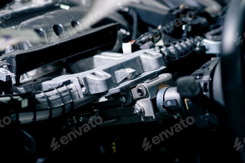 Preview: close-up a black leather steering wheel from an expensive car mounted on a panel at service station