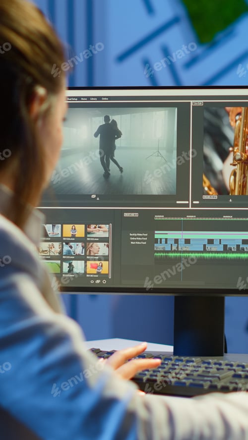 Preview: Video editor working at night at new project editing audio film montage