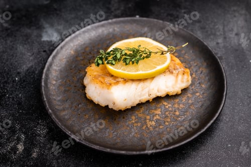 Preview: Roast Halibut fish loin fiilet on plate. Black background. top view