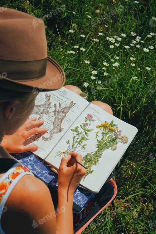 Preview: woman painter/artist painting a picture of a wildflower, outdoors