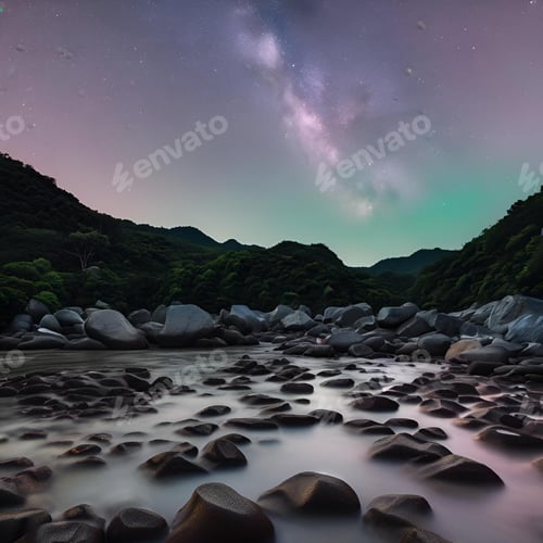 Preview: Stunning night landscape of a rocky riverbed with a clear view of the Milky Way in the sky