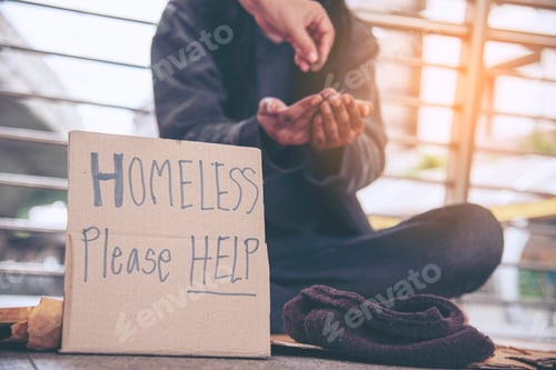 Preview: Homeless people poverty beggar man asking for money job and hoping help in helpless