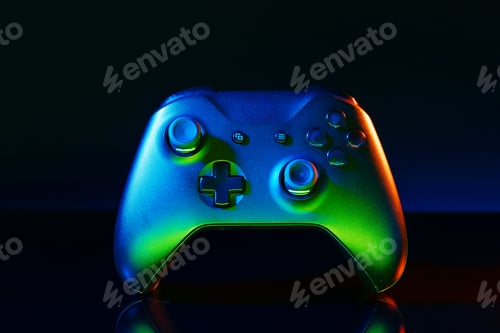 Preview: Gaming joystick on black background in neon light
