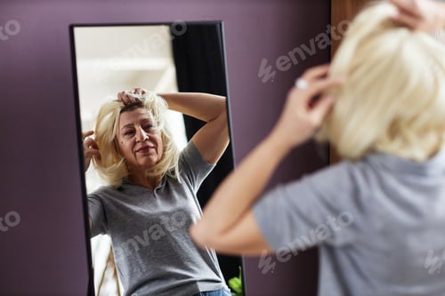 Preview: Mature bald woman putting on wig looking in mirror