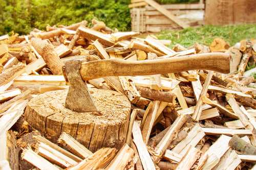 Preview: Ax and firewood in the yard, Ax in the stump, Pile of firewood and tree stump, Firewood for the wint