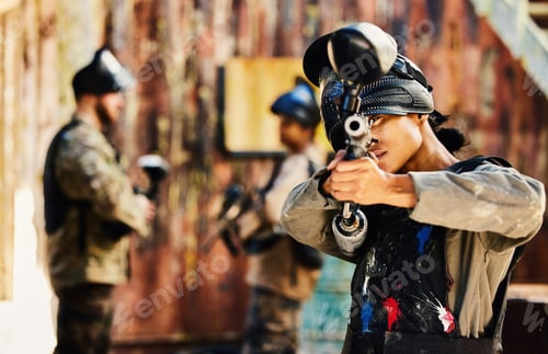 Preview: Paintball, target training or woman with gun in shooting game playing with on fun battlefield missi