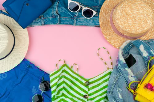 Preview: Summer Fashion Clothing and Accessories on Pink Background