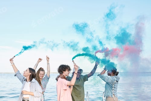 Preview: Young joyful friends dancing with firecrackers