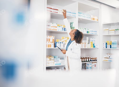 Preview: Tablet, pharmacy or woman by shelf with medicine pills or supplements products to check drugs inven