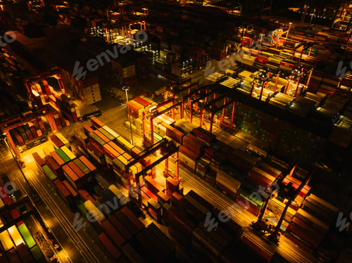Preview: Aerial view of Yantian container terminal at night in Shenzhen city, China