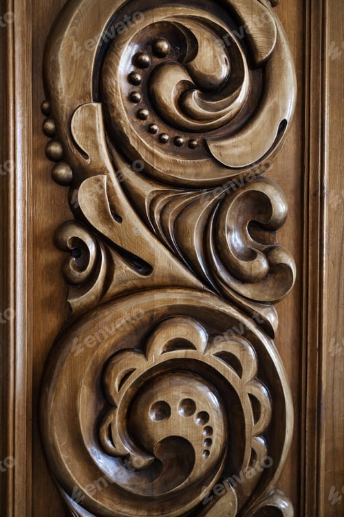 Preview: Ancient dark wooden palace entrance door with pattern for beautiful houses. old brown wooden door de