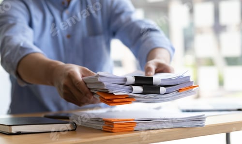 Preview: Business Documents, Auditor businessman checking working in stack of paper files.