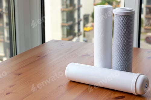Preview: Filter cartridges for drinking water purification on wooden table. Water filtration system