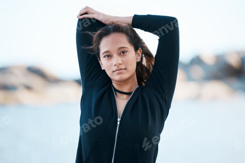 Preview: Portrait, exercise and woman stretching, workout and fitness for wellness, health and cardio perfor